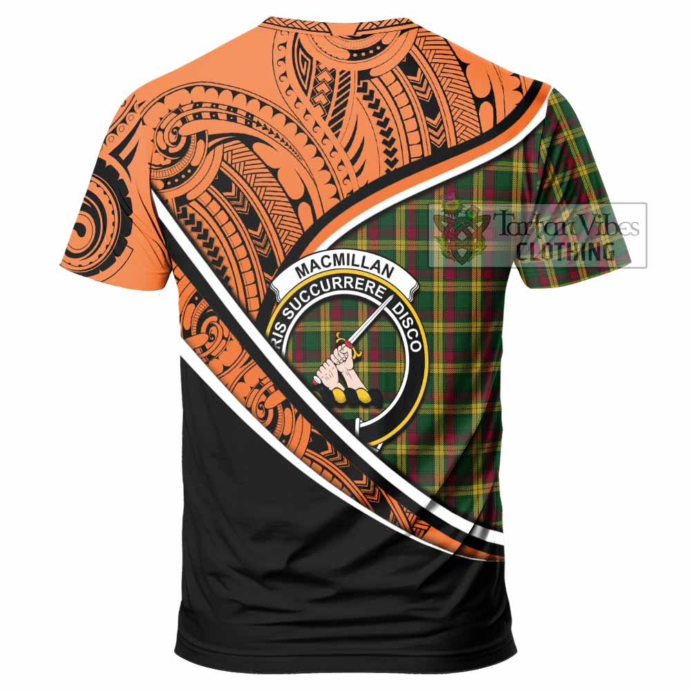 Tartan Vibes Clothing MacMillan (McMillan) Crest Tartan T-Shirt with Maori Tattoo Style - Orange Version