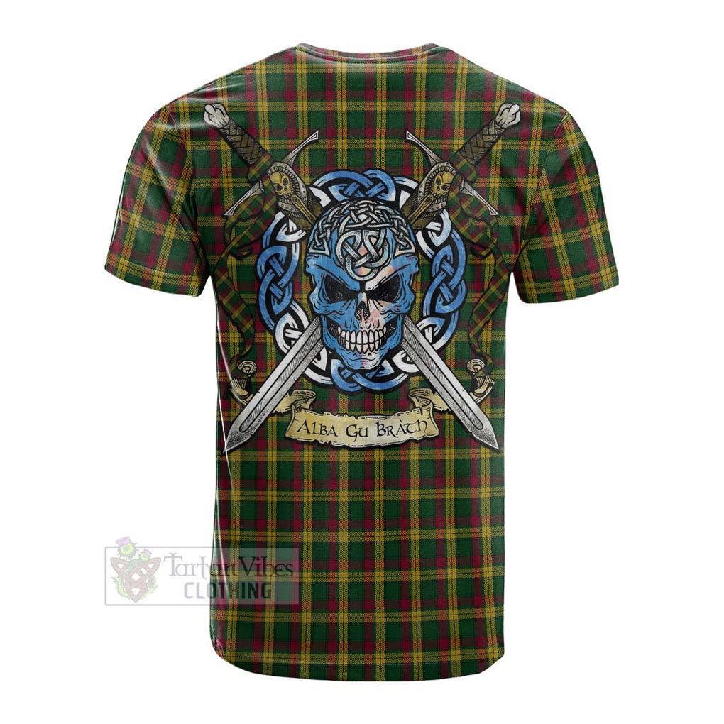 Tartan Vibes Clothing MacMillan (McMillan) Tartan Cotton T-shirt with Family Crest Celtic Skull Style