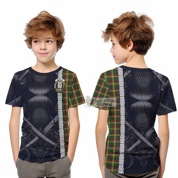 MacMillan (McMillan) Tartan Kid T-Shirt with Family Crest Cross Sword Thistle Celtic Vibes