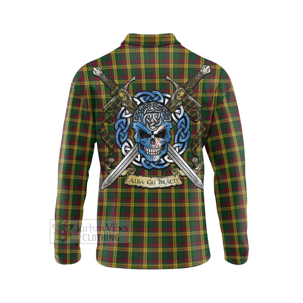 Tartan Vibes Clothing MacMillan (McMillan) Tartan Long Sleeve Polo Shirt with Family Crest Celtic Skull Style