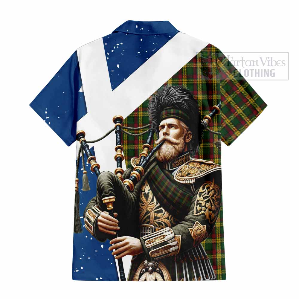 Tartan Vibes Clothing MacMillan (McMillan) Tartan Short Sleeve Button Shirt with Family Crest Scottish Bagpiper Vibes