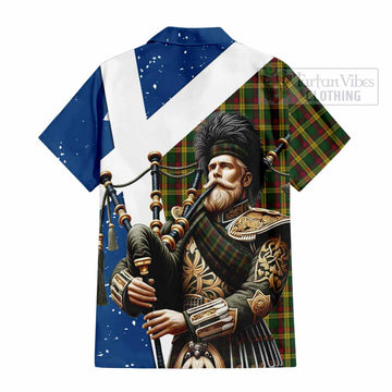 MacMillan (McMillan) Tartan Short Sleeve Button Shirt with Family Crest Scottish Bagpiper Vibes