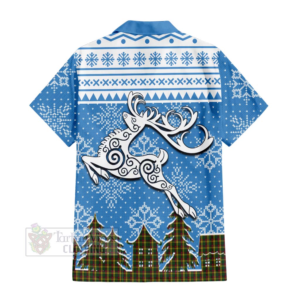 Tartan Vibes Clothing MacMillan (McMillan) Clan Christmas Short Sleeve Button Shirt Celtic Reindeer Style