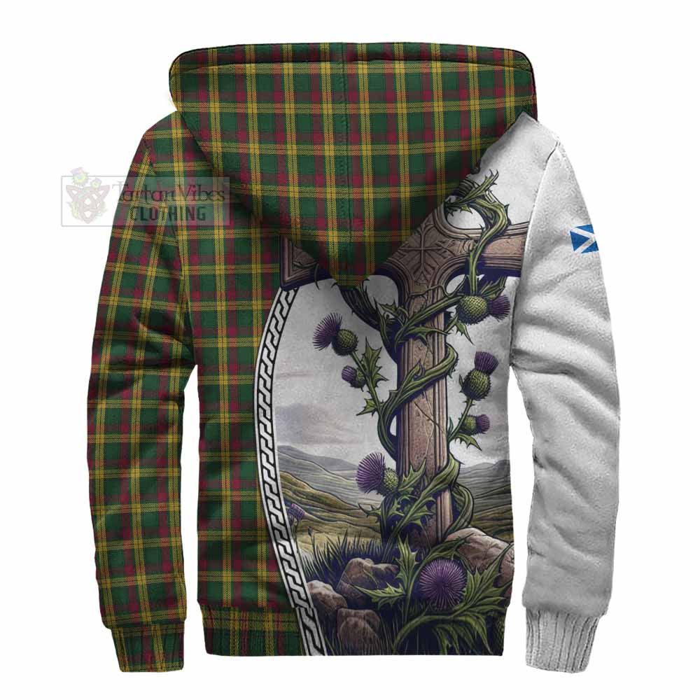 Tartan Vibes Clothing MacMillan (McMillan) Tartan Sherpa Hoodie with Family Crest and St. Andrew's Cross Accented by Thistle Vines