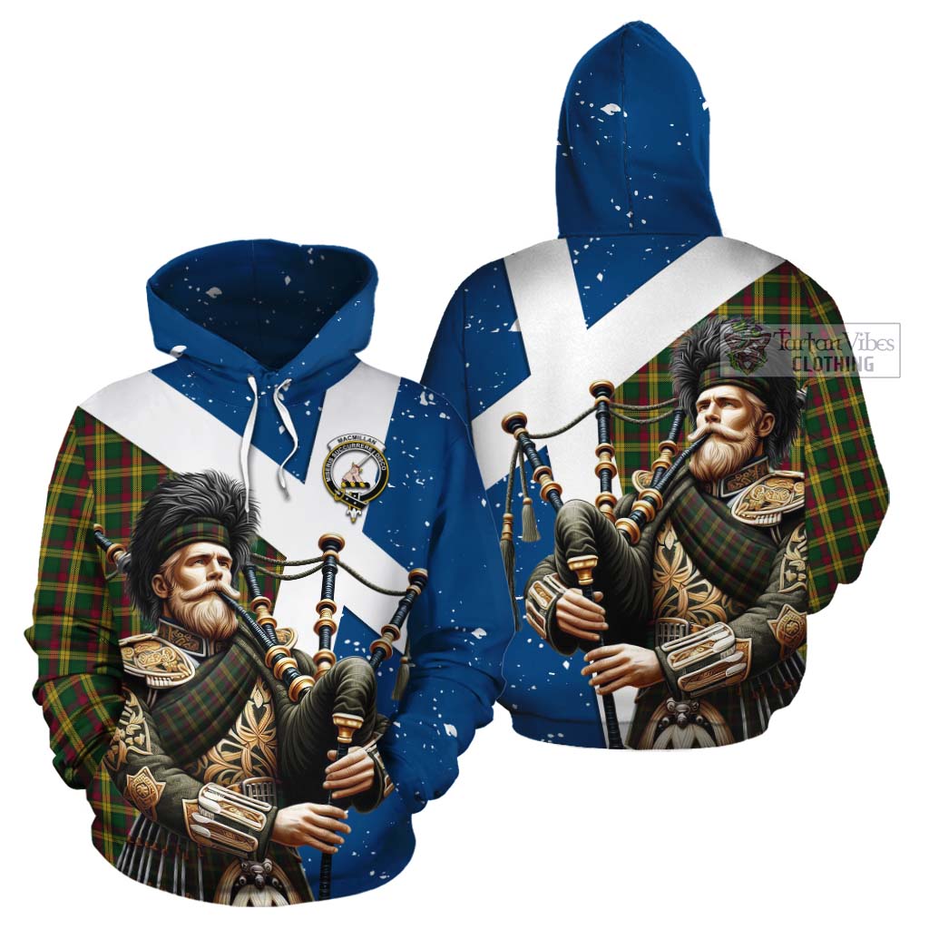 Tartan Vibes Clothing MacMillan (McMillan) Tartan Cotton Hoodie with Family Crest Scottish Bagpiper Vibes