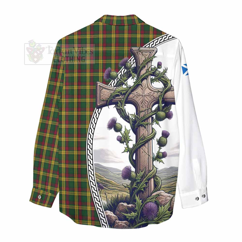 Tartan Vibes Clothing MacMillan (McMillan) Tartan Women's Casual Shirt with Family Crest and St. Andrew's Cross Accented by Thistle Vines