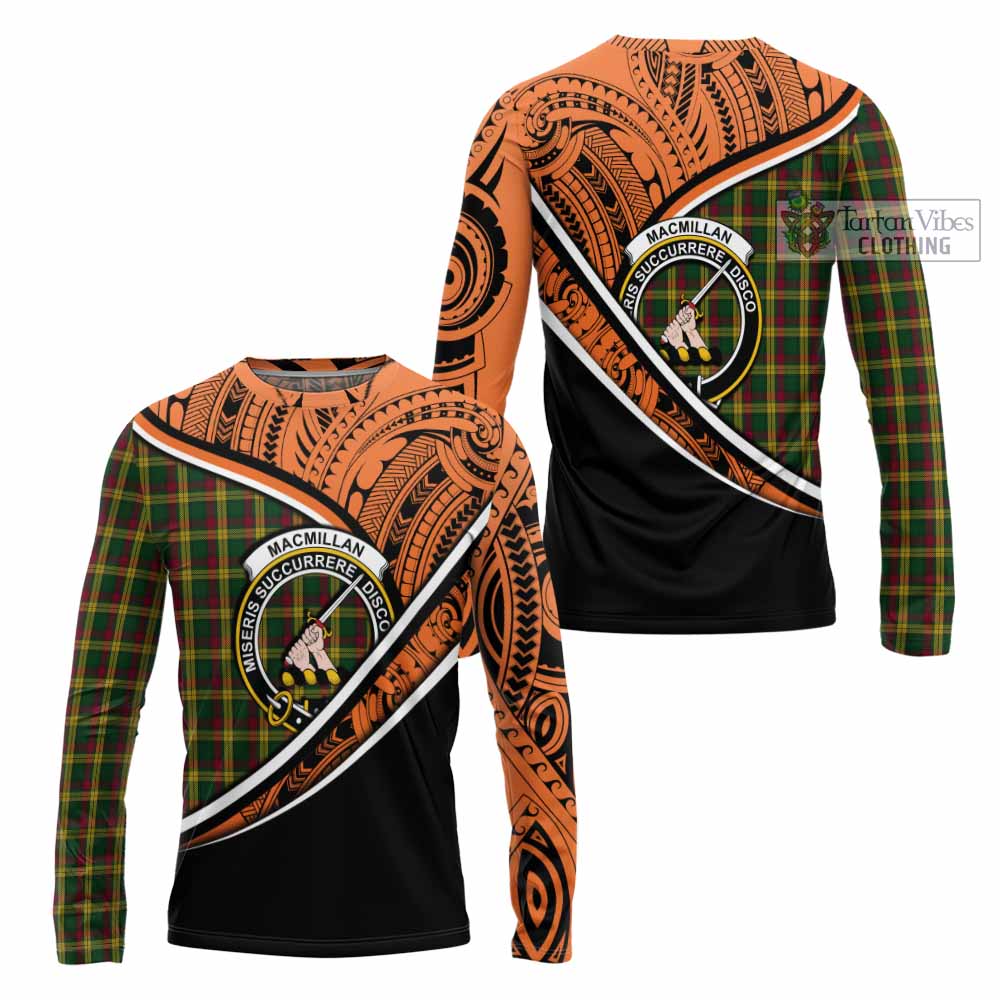 Tartan Vibes Clothing MacMillan (McMillan) Crest Tartan Long Sleeve T-Shirt with Maori Tattoo Style - Orange Version