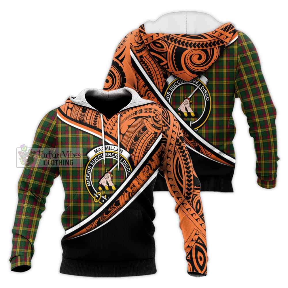 Tartan Vibes Clothing MacMillan (McMillan) Crest Tartan Knitted Hoodie with Maori Tattoo Style - Orange Version