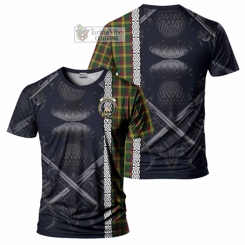 Tartan Vibes Clothing MacMillan (McMillan) Tartan T-Shirt with Family Crest Cross Sword Thistle Celtic Vibes