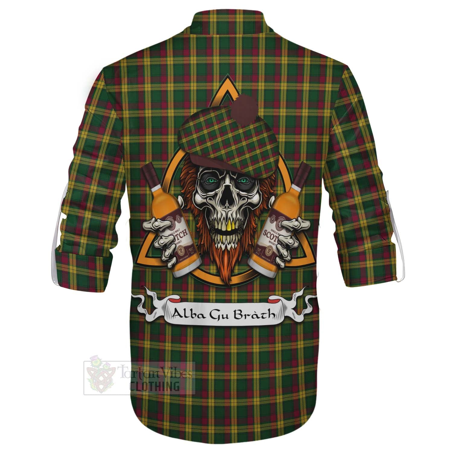 Tartan Vibes Clothing MacMillan (McMillan) Tartan Ghillie Kilt Shirt with Family Crest and Bearded Skull Holding Bottles of Whiskey