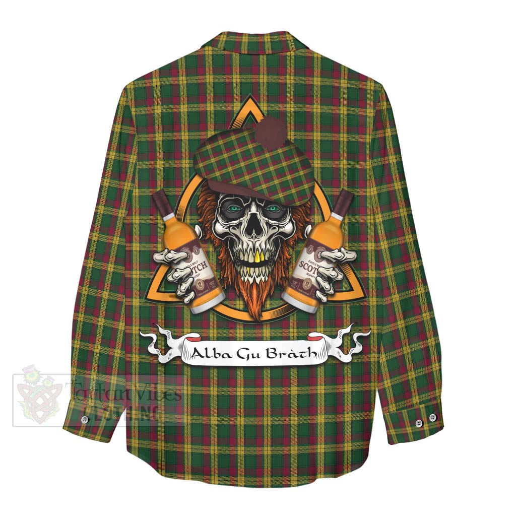 Tartan Vibes Clothing MacMillan (McMillan) Tartan Women's Casual Shirt with Family Crest and Bearded Skull Holding Bottles of Whiskey