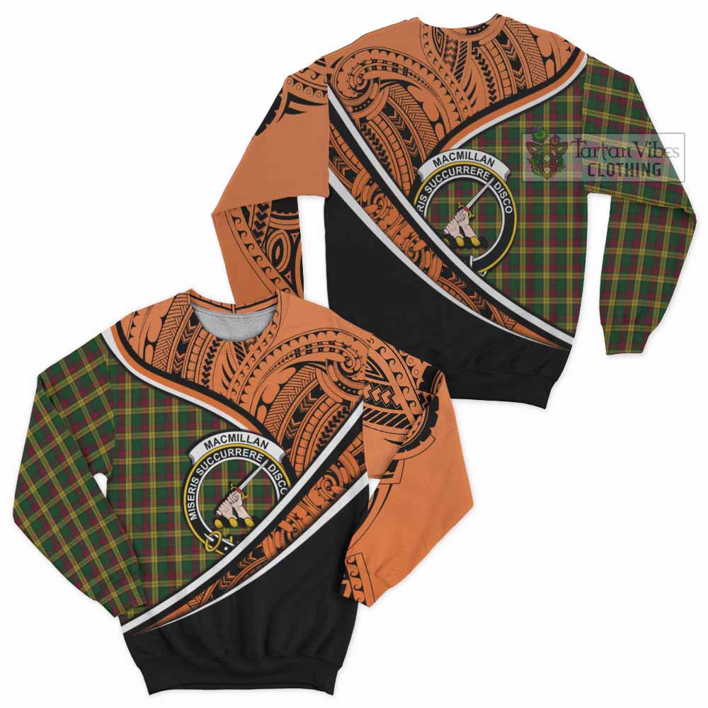 Tartan Vibes Clothing MacMillan (McMillan) Crest Tartan Sweatshirt with Maori Tattoo Style - Orange Version