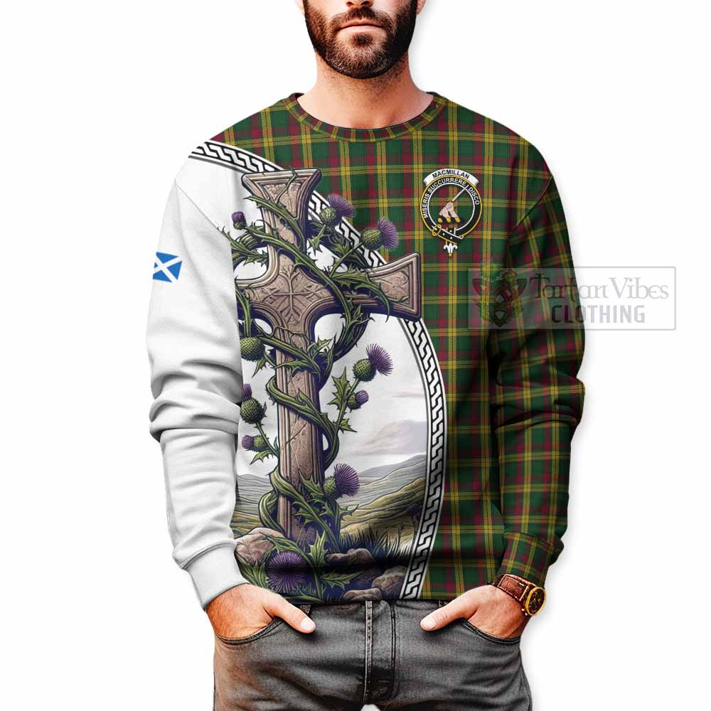 Tartan Vibes Clothing MacMillan (McMillan) Tartan Sweatshirt with Family Crest and St. Andrew's Cross Accented by Thistle Vines