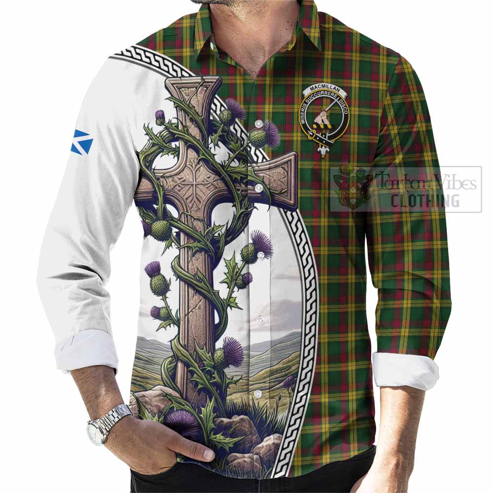 Tartan Vibes Clothing MacMillan (McMillan) Tartan Long Sleeve Button Shirt with Family Crest and St. Andrew's Cross Accented by Thistle Vines