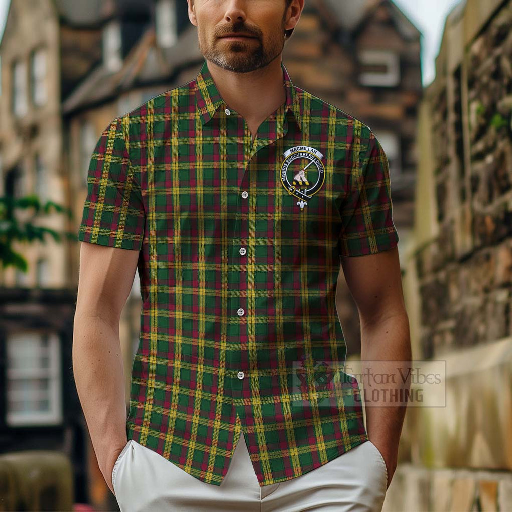 Tartan Vibes Clothing MacMillan (McMillan) Tartan Short Sleeve Button Shirt with Family Crest Celtic Skull Style