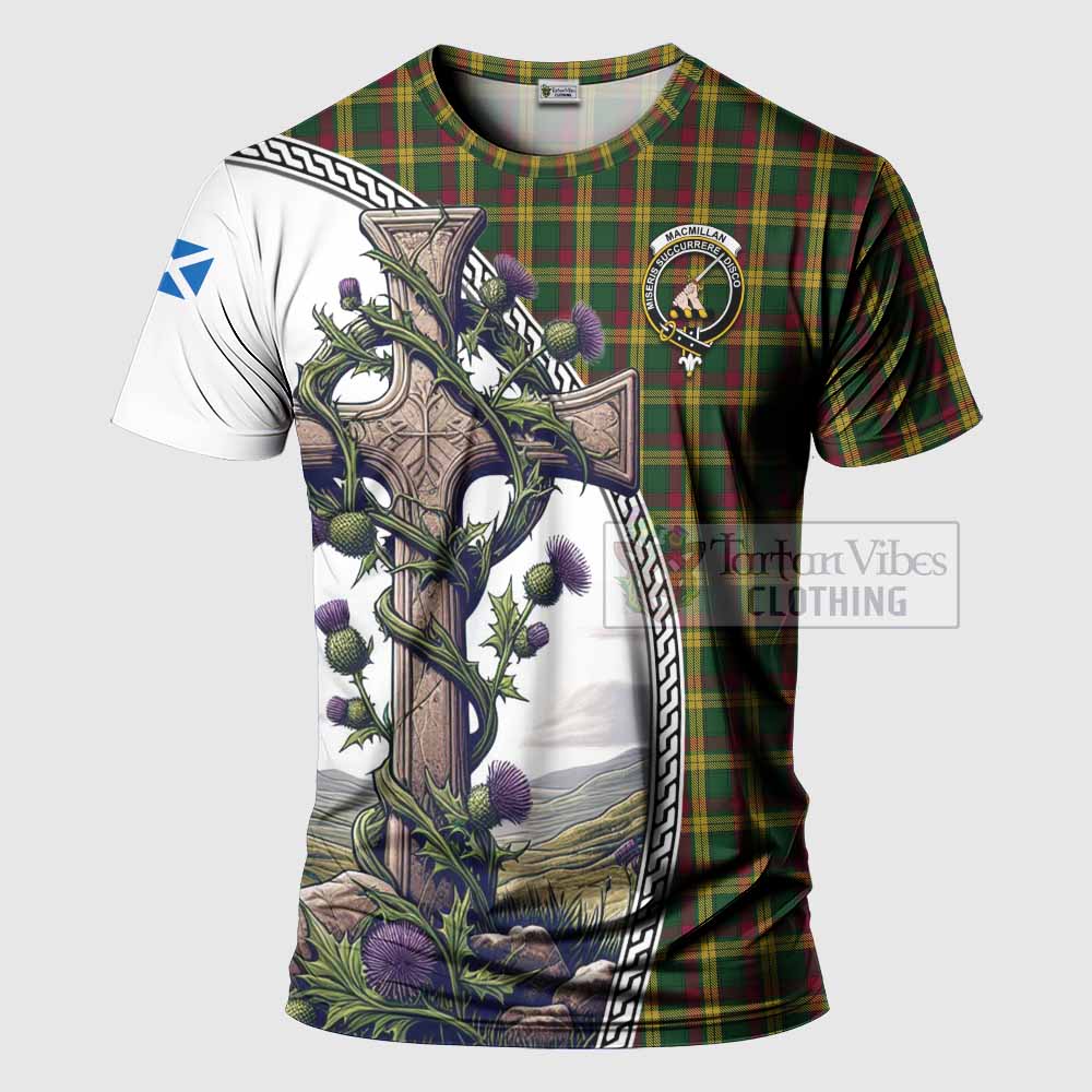 Tartan Vibes Clothing MacMillan (McMillan) Agnew Tartan T-Shirt with Family Crest and St. Andrew's Cross Accented by Thistle Vines