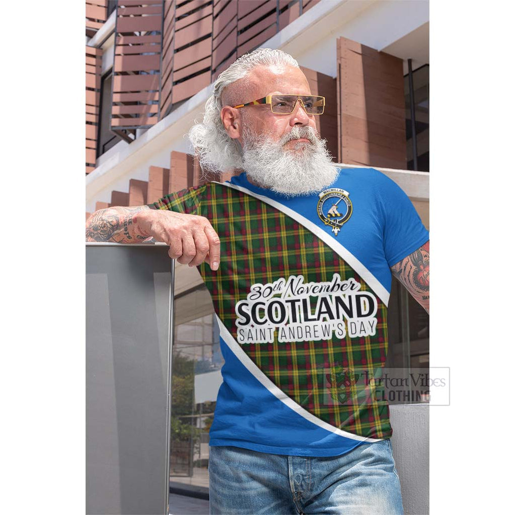 Tartan Vibes Clothing MacMillan (McMillan) Family Crest Tartan Cotton T-shirt Celebrate Saint Andrew's Day in Style