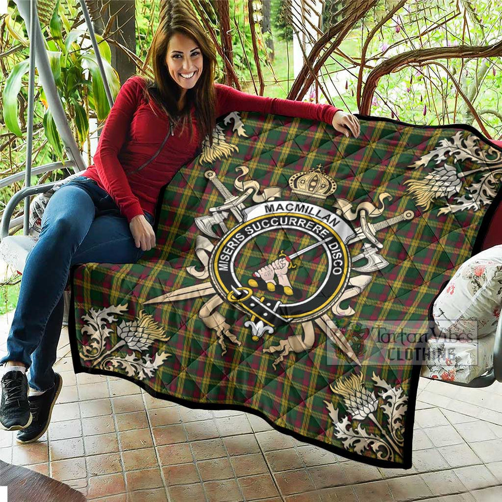 Tartan Vibes Clothing MacMillan (McMillan) Tartan Quilt with Family Crest and Scottish Golden Courage Shield