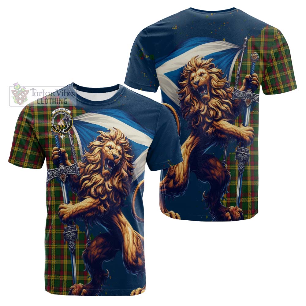 Tartan Vibes Clothing MacMillan (McMillan) Tartan Family Crest Cotton T-shirt with Scottish Majestic Lion