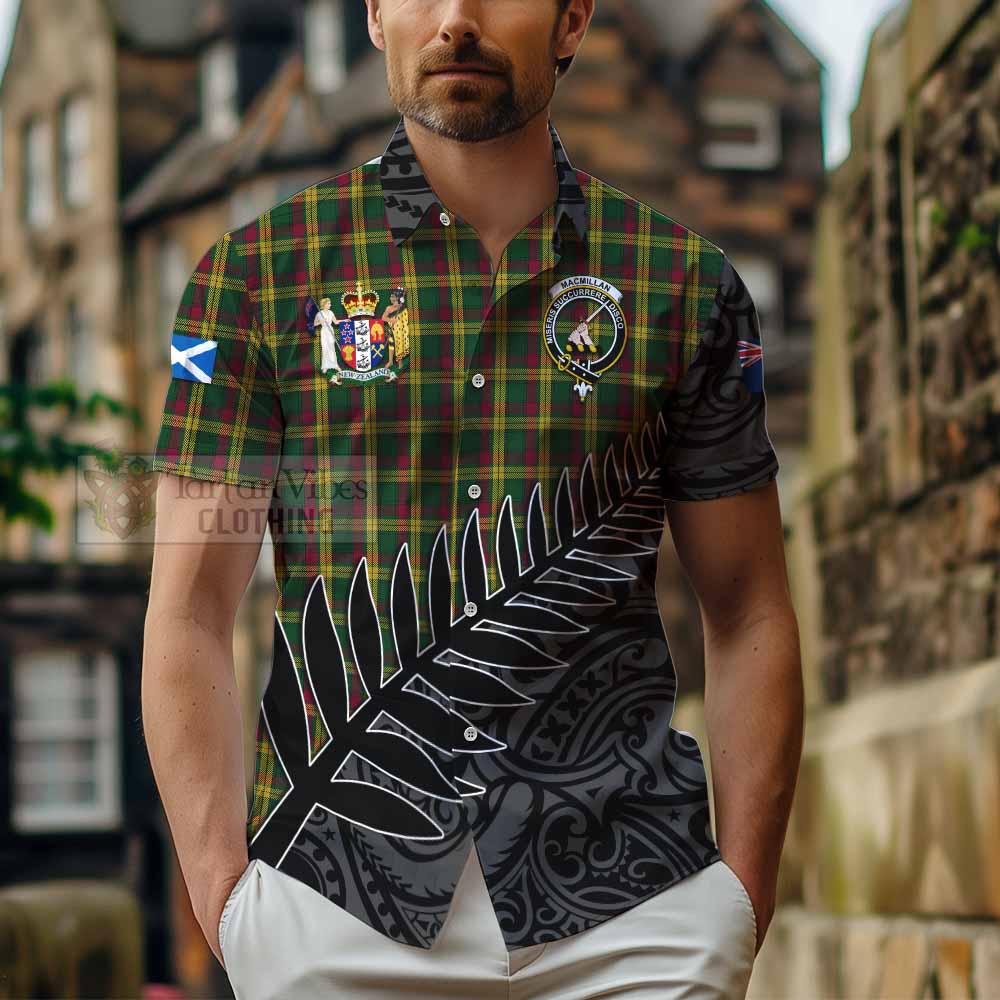 Tartan Vibes Clothing MacMillan (McMillan) Crest Tartan Short Sleeve Button Shirt with New Zealand Silver Fern Half Style