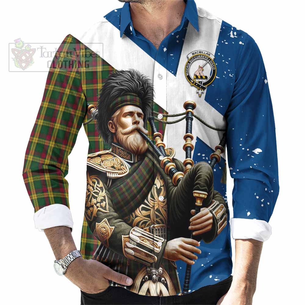 Tartan Vibes Clothing MacMillan (McMillan) Tartan Long Sleeve Button Shirt with Family Crest Scottish Bagpiper Vibes