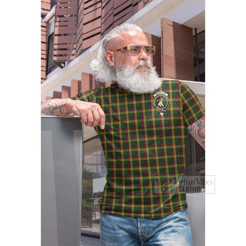 Tartan Vibes Clothing MacMillan (McMillan) Tartan Cotton T-shirt with Family Crest and Bearded Skull Holding Bottles of Whiskey