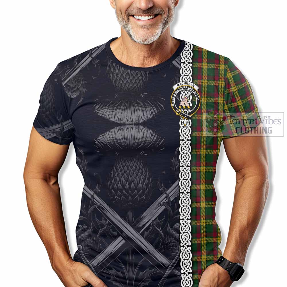 Tartan Vibes Clothing MacMillan (McMillan) Tartan T-Shirt with Family Crest Cross Sword Thistle Celtic Vibes