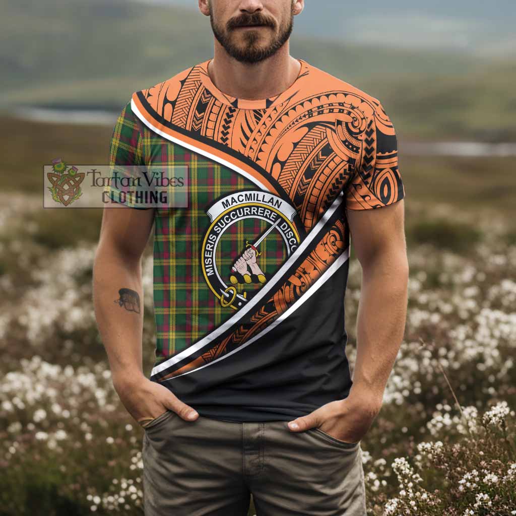 Tartan Vibes Clothing MacMillan (McMillan) Crest Tartan T-Shirt with Maori Tattoo Style - Orange Version