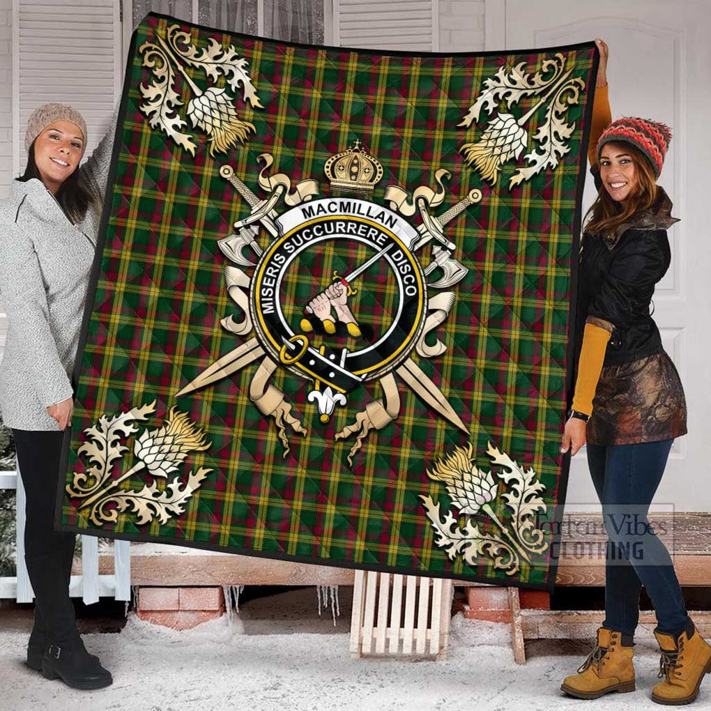 Tartan Vibes Clothing MacMillan (McMillan) Tartan Quilt with Family Crest and Scottish Golden Courage Shield