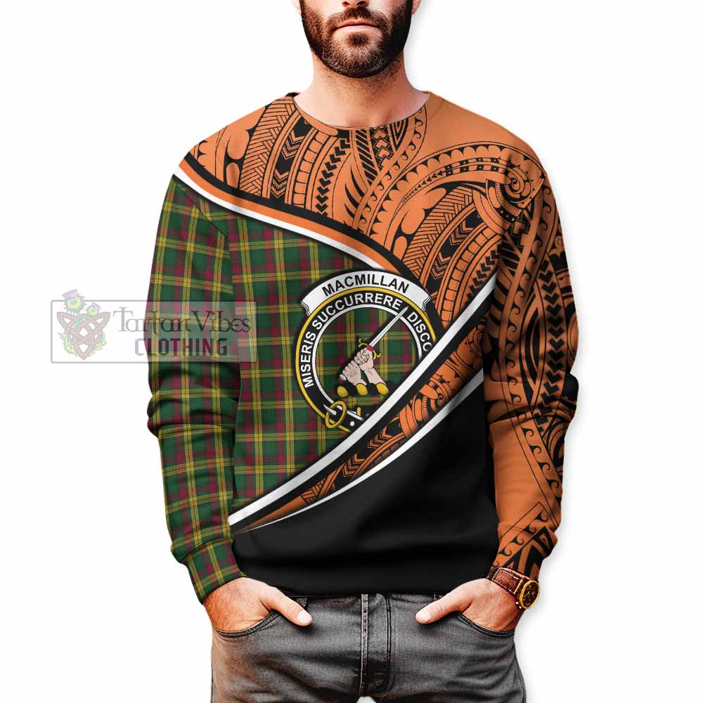 Tartan Vibes Clothing MacMillan (McMillan) Crest Tartan Sweatshirt with Maori Tattoo Style - Orange Version