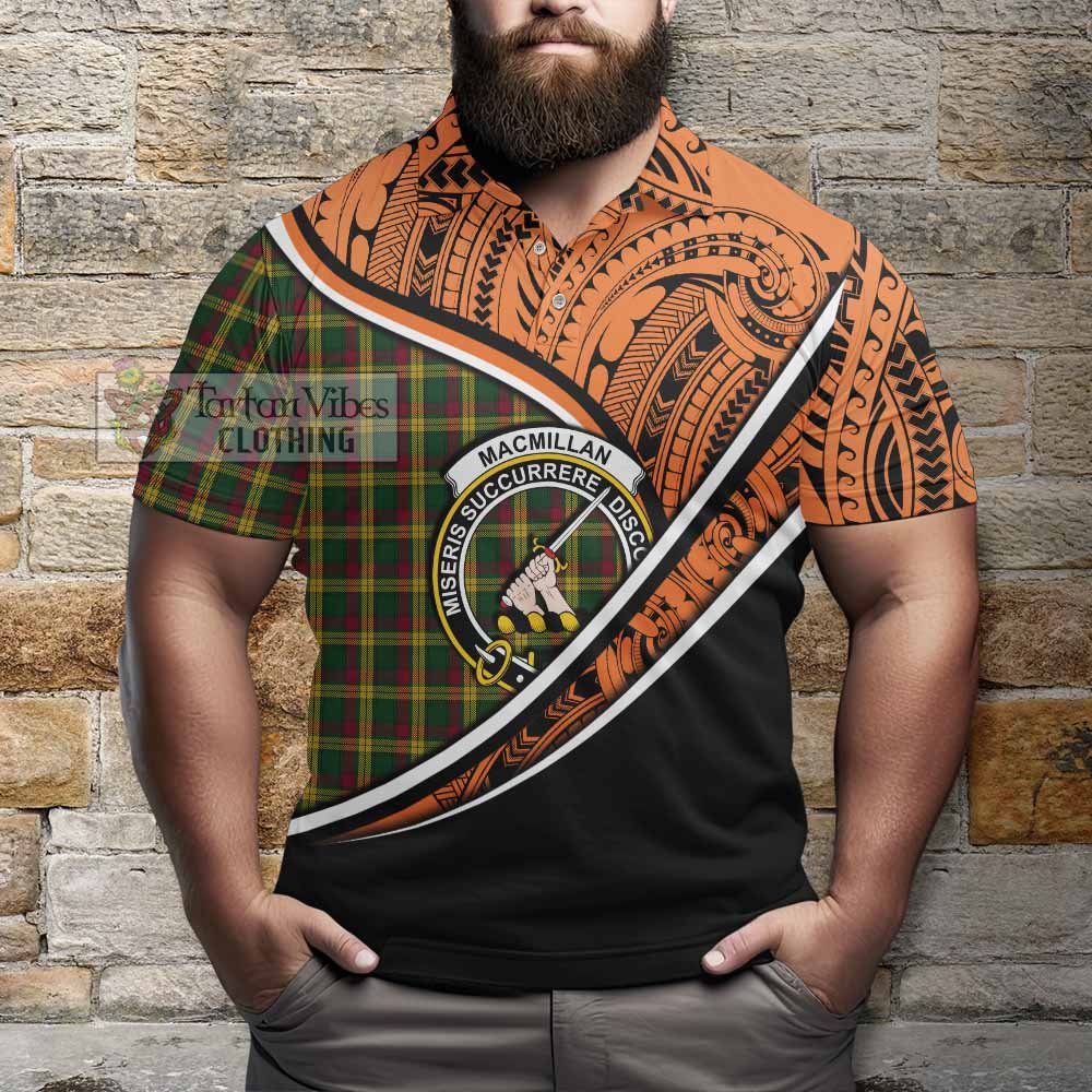 Tartan Vibes Clothing MacMillan (McMillan) Crest Tartan Polo Shirt with Maori Tattoo Style - Orange Version