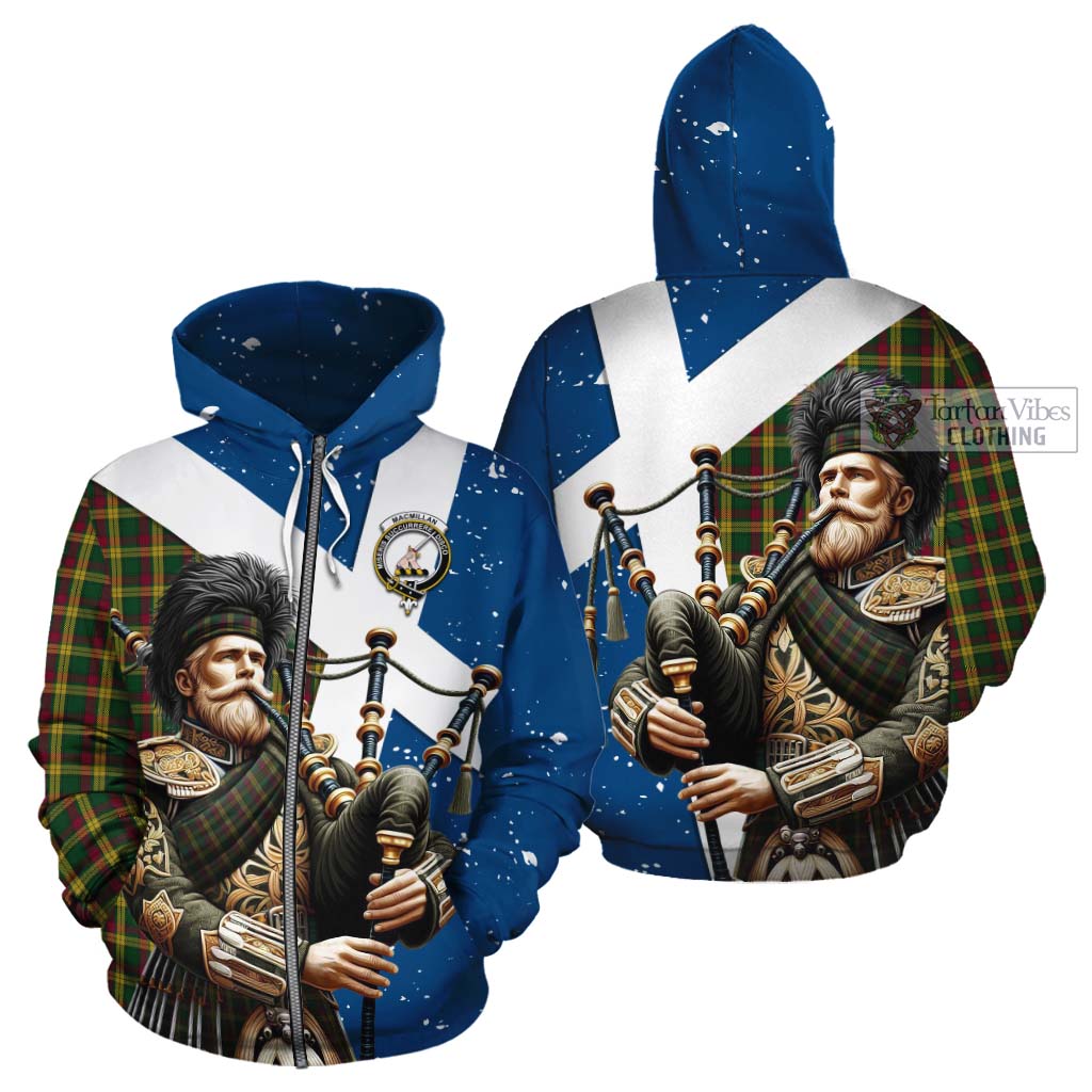 Tartan Vibes Clothing MacMillan (McMillan) Tartan Cotton Hoodie with Family Crest Scottish Bagpiper Vibes