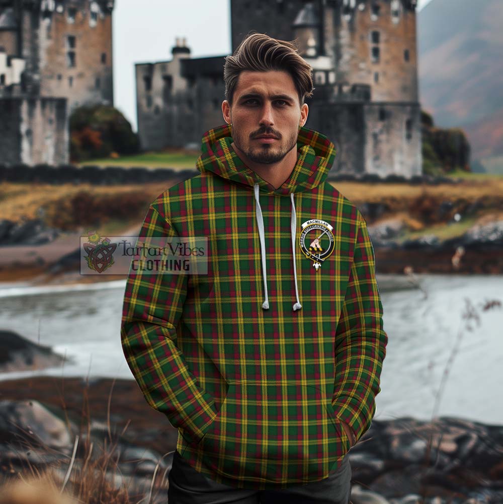 Tartan Vibes Clothing MacMillan (McMillan) Tartan Cotton Hoodie with Family Crest and Bearded Skull Holding Bottles of Whiskey