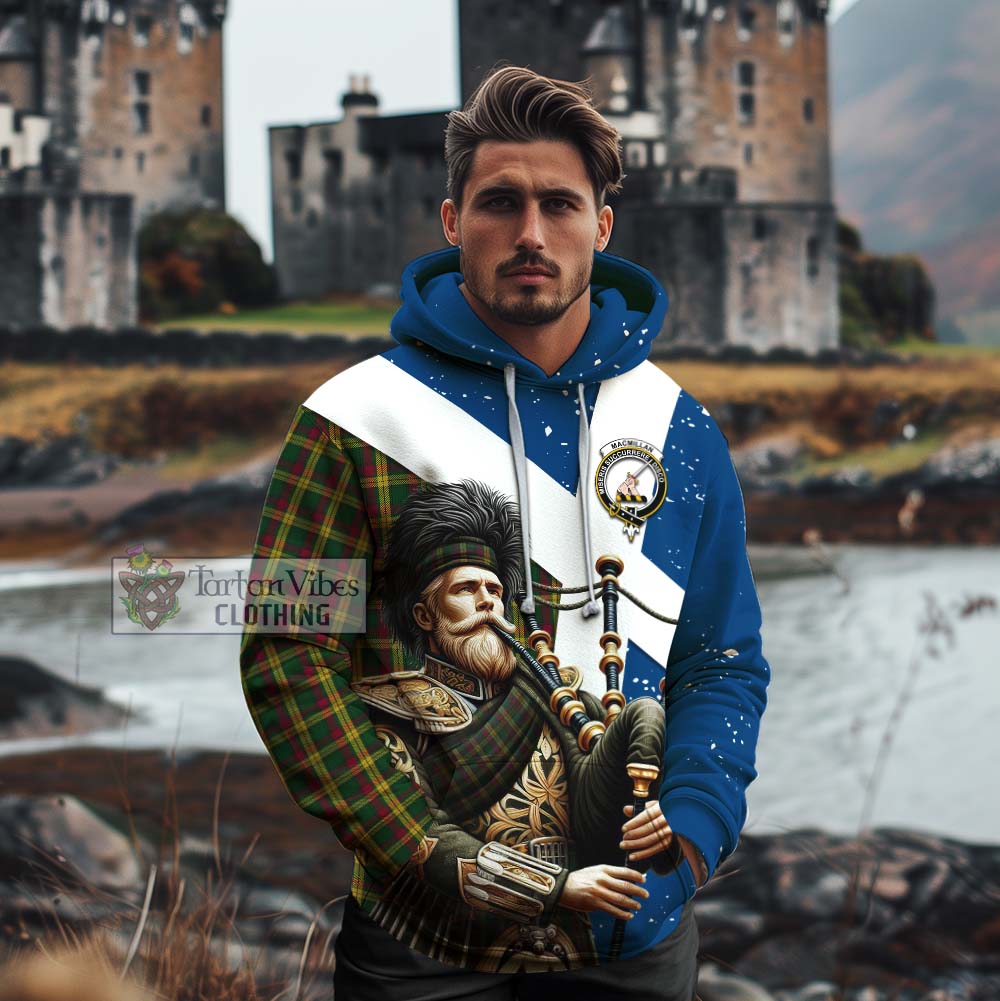 Tartan Vibes Clothing MacMillan (McMillan) Tartan Cotton Hoodie with Family Crest Scottish Bagpiper Vibes