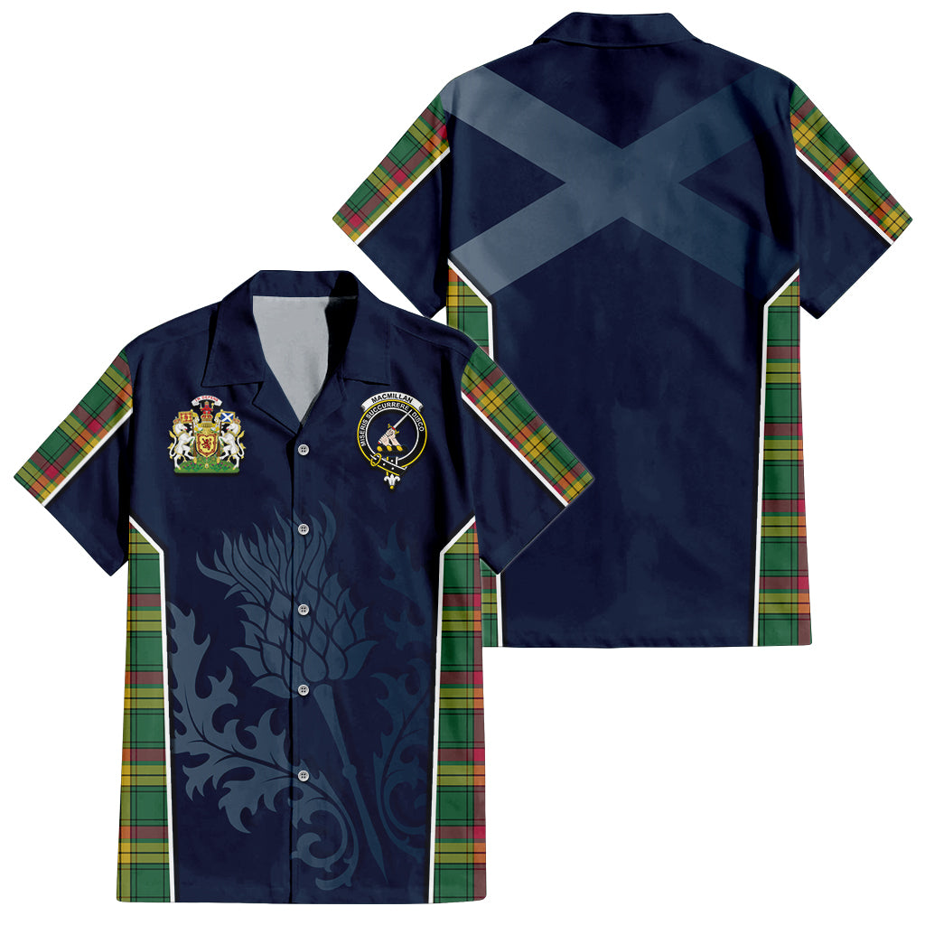 Tartan Vibes Clothing MacMillan Old Ancient Tartan Short Sleeve Button Up Shirt with Family Crest and Scottish Thistle Vibes Sport Style