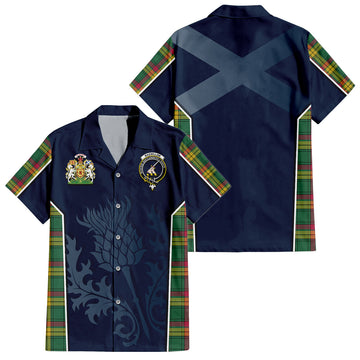 MacMillan Old Ancient Tartan Short Sleeve Button Up Shirt with Family Crest and Scottish Thistle Vibes Sport Style