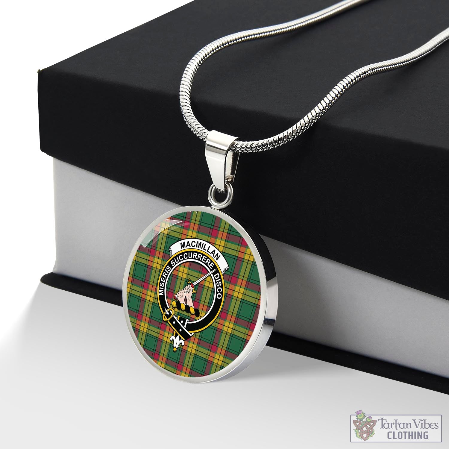 Tartan Vibes Clothing MacMillan Old Ancient Tartan Circle Necklace with Family Crest