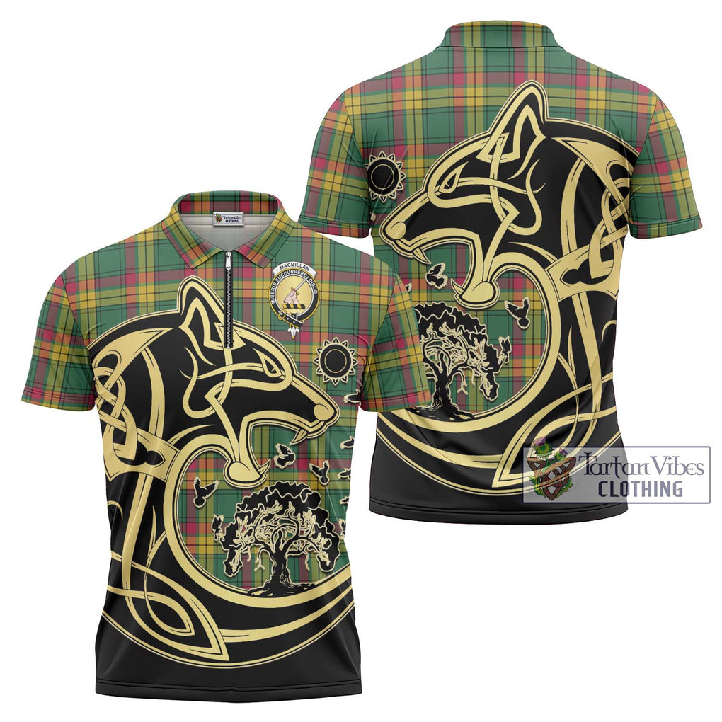 MacMillan Old Ancient Tartan Zipper Polo Shirt with Family Crest Celtic Wolf Style Unisex - Tartanvibesclothing Shop