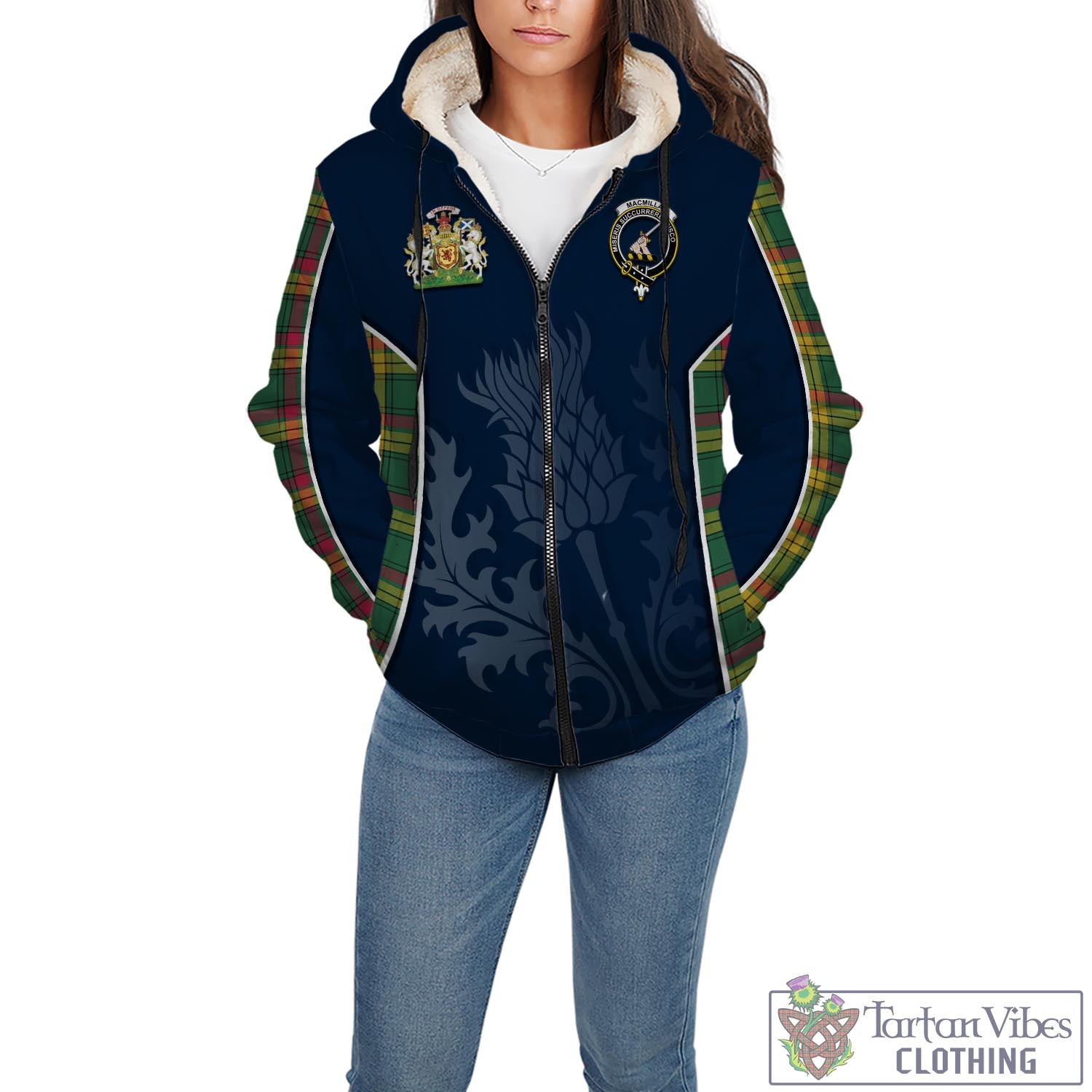 Tartan Vibes Clothing MacMillan Old Ancient Tartan Sherpa Hoodie with Family Crest and Scottish Thistle Vibes Sport Style