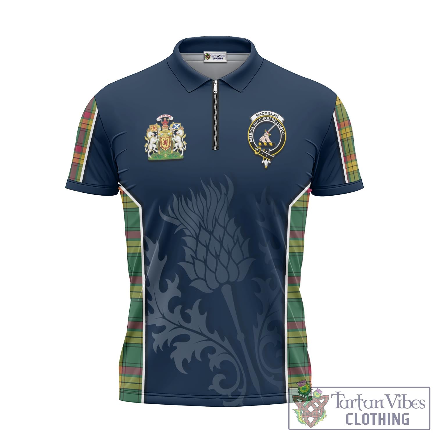 Tartan Vibes Clothing MacMillan Old Ancient Tartan Zipper Polo Shirt with Family Crest and Scottish Thistle Vibes Sport Style