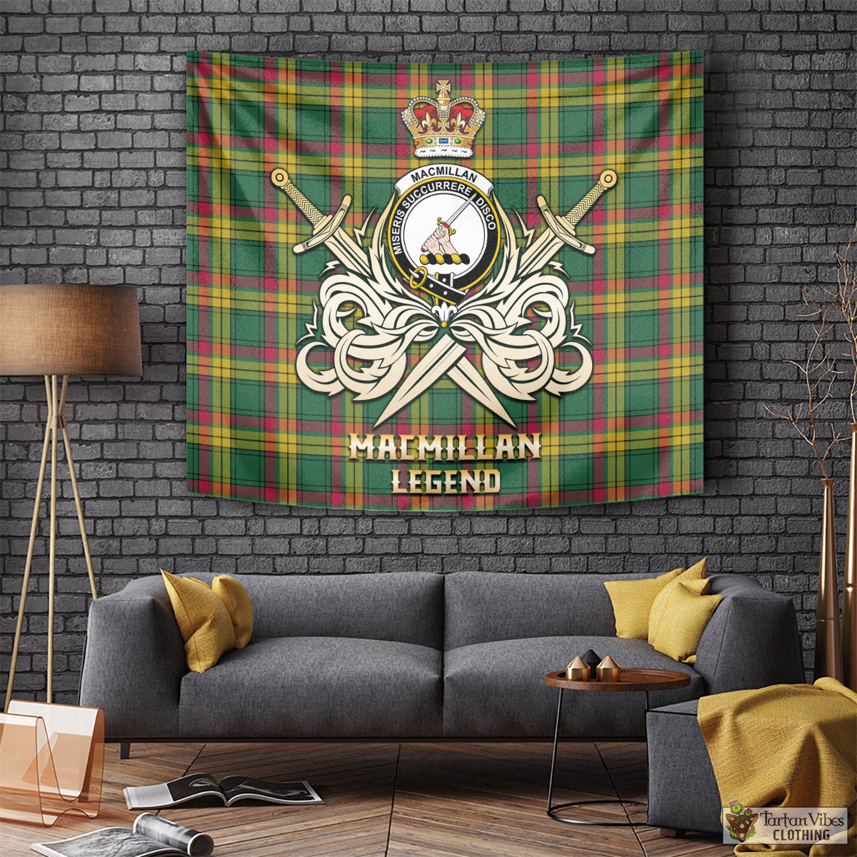 Tartan Vibes Clothing MacMillan Old Ancient Tartan Tapestry with Clan Crest and the Golden Sword of Courageous Legacy