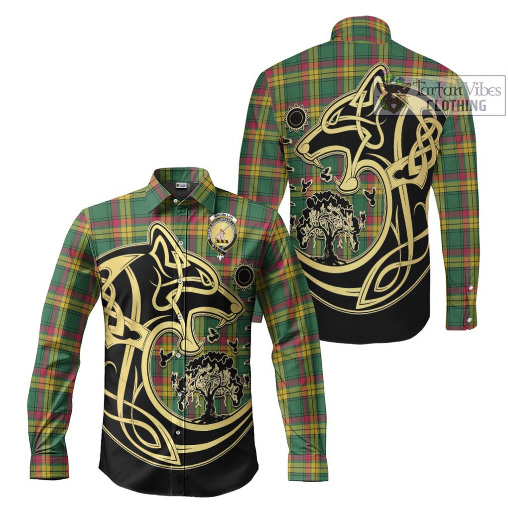 MacMillan Old Ancient Tartan Long Sleeve Button Shirt with Family Crest Celtic Wolf Style Men's Shirt S - Tartan Vibes Clothing