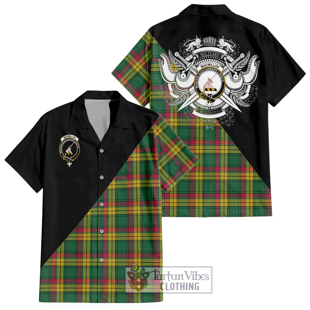 MacMillan Old Ancient Tartan Short Sleeve Button Shirt with Family Crest and Military Logo Style Kid - Tartanvibesclothing Shop