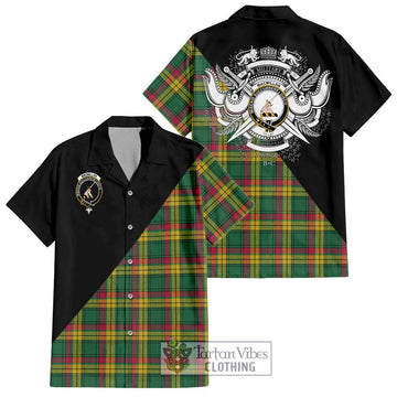 MacMillan Old Ancient Tartan Short Sleeve Button Shirt with Family Crest and Military Logo Style