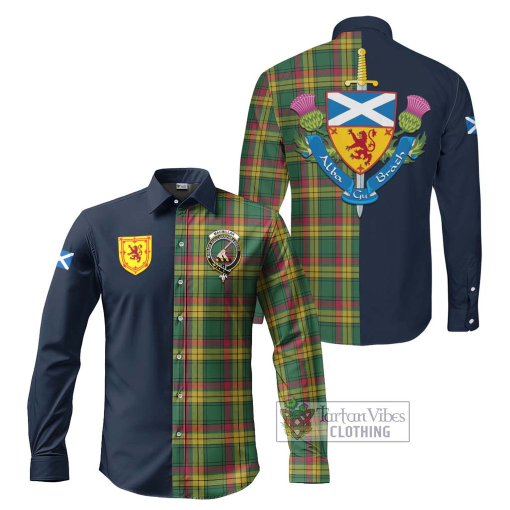 Tartan Vibes Clothing MacMillan Old Ancient Tartan Long Sleeve Button Shirt with Scottish Lion Royal Arm Half Style