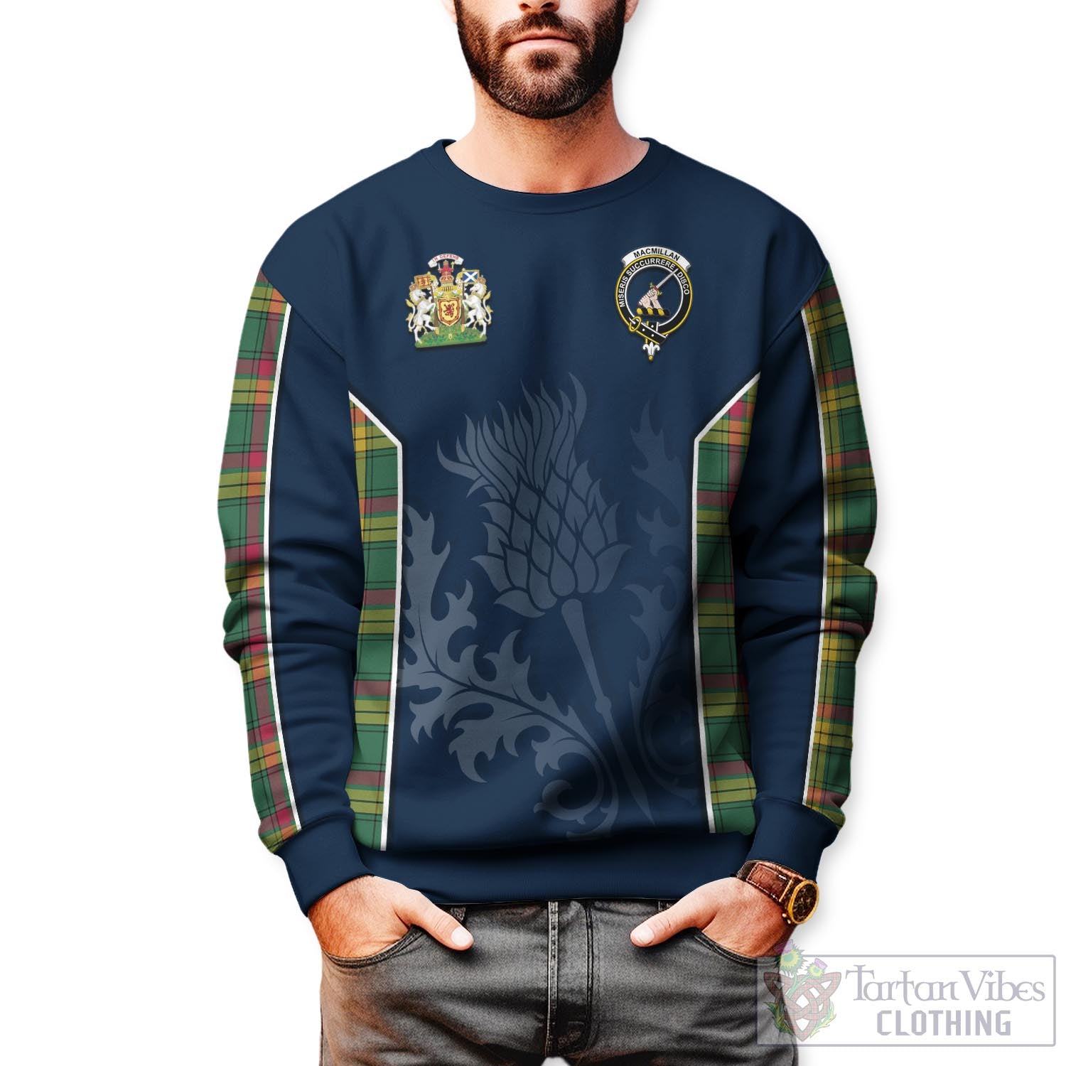 Tartan Vibes Clothing MacMillan Old Ancient Tartan Sweatshirt with Family Crest and Scottish Thistle Vibes Sport Style