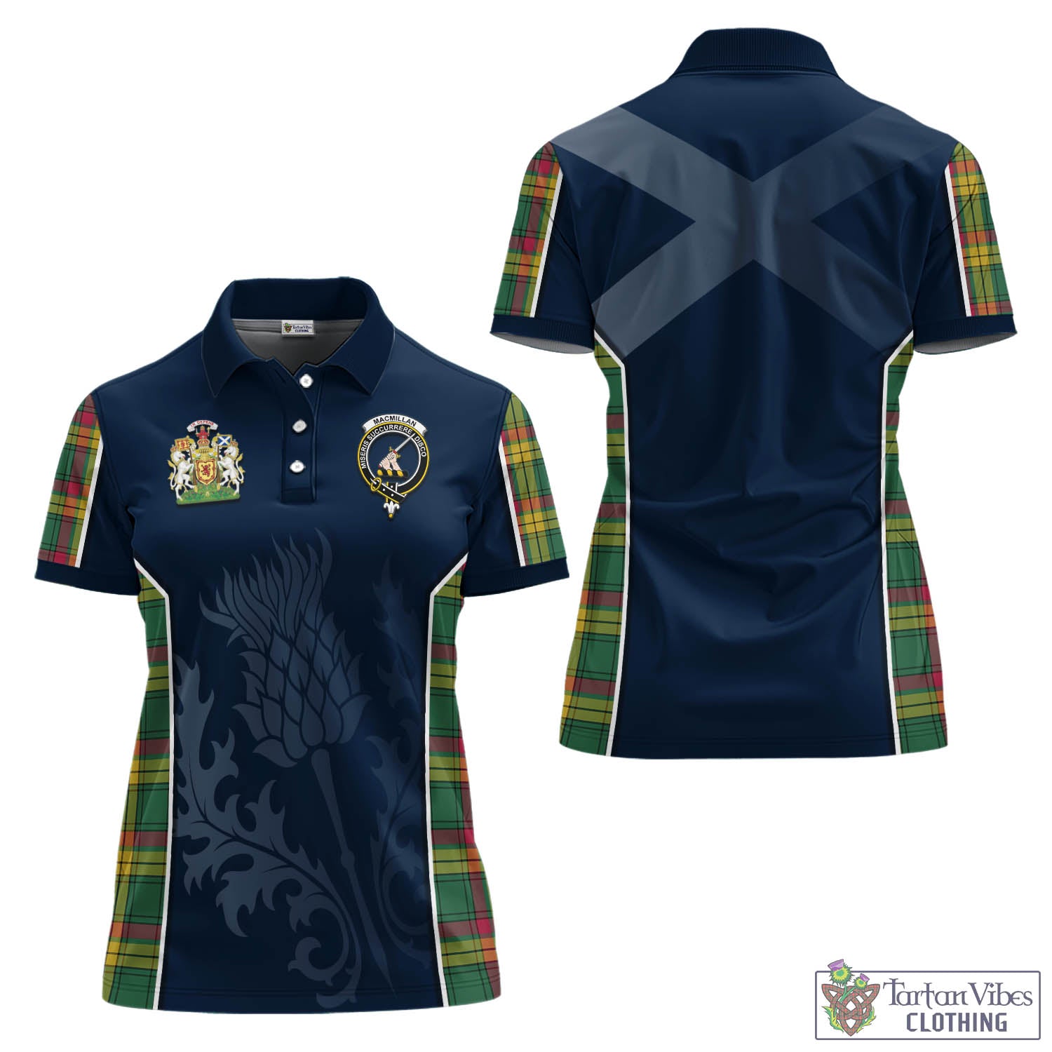 Tartan Vibes Clothing MacMillan Old Ancient Tartan Women's Polo Shirt with Family Crest and Scottish Thistle Vibes Sport Style