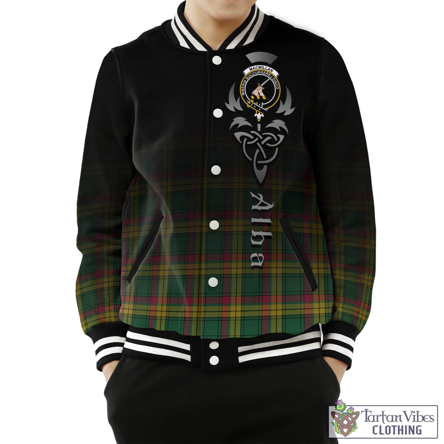 Tartan Vibes Clothing MacMillan Old Ancient Tartan Baseball Jacket Featuring Alba Gu Brath Family Crest Celtic Inspired