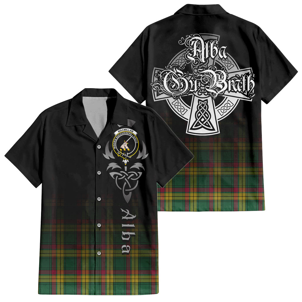 Tartan Vibes Clothing MacMillan Old Ancient Tartan Short Sleeve Button Up Featuring Alba Gu Brath Family Crest Celtic Inspired