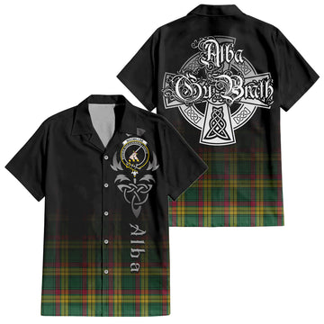 MacMillan Old Ancient Tartan Short Sleeve Button Up Shirt Featuring Alba Gu Brath Family Crest Celtic Inspired